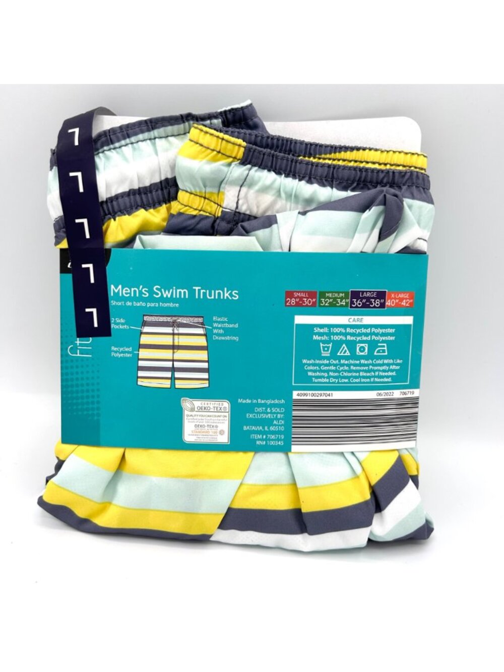 NEW MEN'S STRIPED RECYCLED POLYESTER SWIM TRUNKS W/ POCKETS - L - Picture 3 of 3